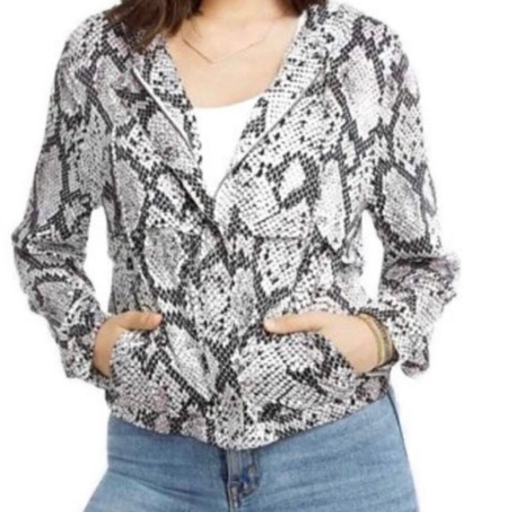 Chaser Snake Reptile Zip Up Hooded Blouse Jacket Viscose Black Cream Size L